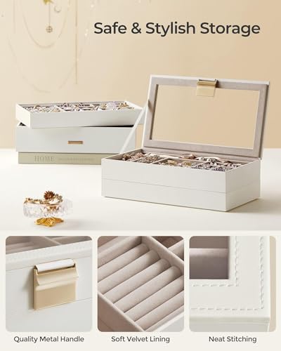 SONGMICS Stackable Jewelry Trays, 4-Tier Jewelry Box, Drawer Jewelry Organizer, with Glass Lid, Removable Dividers, for Vanity Table, 6.7 x 11 x 7.2 Inches, Gift Idea, Cloud White UJBC164W01 - color: Cloud White