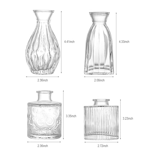 Glass Bud Vases Set of 4, 4 Sizes of Small Flower Vase for Party or Home Table Decorations