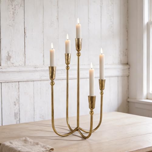 Cast Iron Candelabra 5-Taper Candle Holders, Candlestick Holders Tabletop Candles Stand, Decorative Table Centerpieces Mantel Decor, Antique Brass - color: 5-arm With Beads