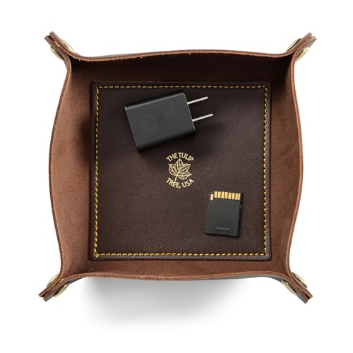 USA Handmade Premium Leather Valet Tray, Folds Flat! Dice Rolling Basket and Organizer with Brass Rivets (Brown Gold, Medium) - color: Brown Gold, size: 5" x 5" x 2"