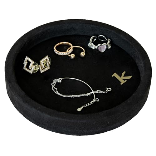 COLLECTIVE HOME - Velvet Jewelry Tray, 6" Monogrammed Jewelry Dish, Smooth Velour Display Dish for Rings, Earrings, Necklaces, Makeup, Personalized Gifts for Women (Black-k) - color: Black-k