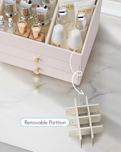 Vlando Makeup Organizer,Skincare Organizer for Vanity，PU Leather Make up Organizer with Drawers Cosmetic Display Case for Countertop,Perfume,Gifts Ideas for Women (Apricot White) - color: 3 layers-Apricot White