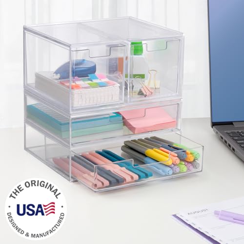 STORi Chloe Space-Saving Clear Drawer Organizer (4 Drawer Set) Sort Office, Kitchen, Beauty Supplies, Makeup, Pens, Jewelry, Stationary, Made in USA - style: Combo Drawer Set