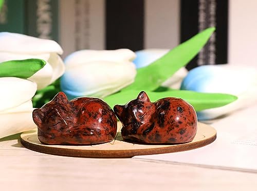QINJIEJIE Red Obsidian Cat Crystals Decor Sleeping Cat Statue Healing Stone Decor Pocket Polished Gemstones Figurine Office Room Home Desk Decors Cute Gem Gifts for Women Men Stocking Stuffers - color: F-red-red Obsidian, size: 1.5 inches