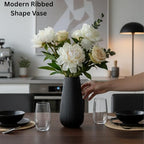 Luxury Black Ceramic Vase, Modern Ribbed Fluted Design, Flower Vase for Home Decor, Small Cute Vase for Pampas Grass, Living Room, Dining Table, Farmhouse, Office Decor, Bedroom, Table, Kitchen Shelf - size: Medium 7.2 Inches