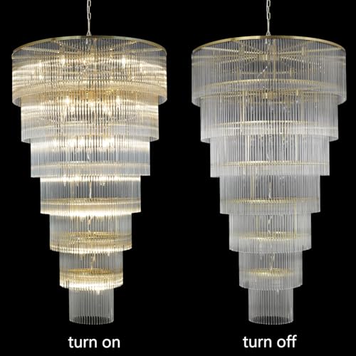 Extra Large Long Brass Chandelier for High Ceiling H68 Modern 7 Tiers Glass Staircase Chandelier Foyer Entryway Lighting Pendant Light Fixture for Grand Living Room Stairway Hall - size: XL Brass (39" x 68")