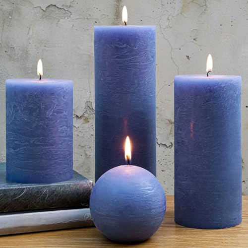 Dark Blue Rustic Textured Pillar Candles Set - 4 Pcs Assorted Sizes Unscented Pillar Candle, Decorative Farmhouse Candles for Home Centerpiece Decor, Holiday Dinner Table, Dripless & Smokeless - color: Royal Blue