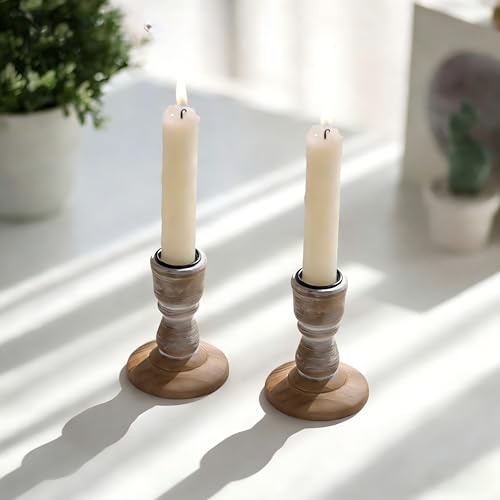 NUPTIO Taper Candle Holders Wood: Set of 2 Rustic Brown Wooden Candlestick Holder - Vintage Small Farmhouse Candles Stick Candleholder for Fall Christmas Home Living Room Table Decor