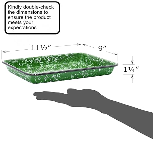 Red Co. 11" x 9" Enamelware Metal Classic 2 Quart Rectangular Serving Tray, Dark Green Marble/Black Rim - Splatter Design - color: Dark Green