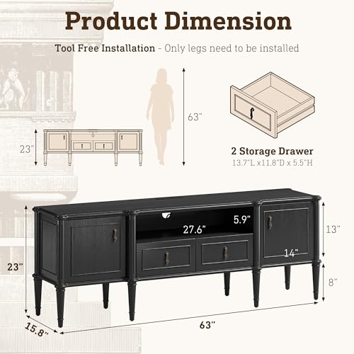 STO'SENSE 63" Pre-Assembled Tv Stand w/Power Outlet, Solid Wood Grain TV Consoles w/2 Cabinets & 2 Drawers, Mid Century Modern Entertainment Center for Living Room, Fits TVs up to 75", Black Oak - color: Black Oak