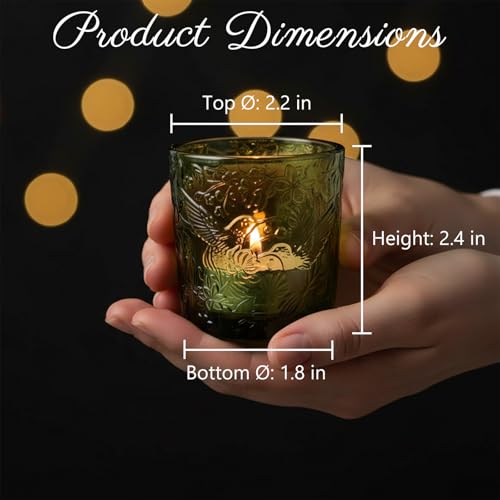 12 Pack Hummingbird Embossed Glass Candle Holders – Votive Tealight Holders with Patent Design, Decorative Embossed Glass Cups for Wedding Centerpieces, Parties, and Home Décor (Moss Green) - color: Moss Green