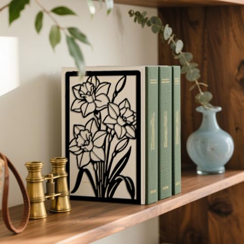 Peacoblue Metal Bookends for Shelves, Modern Decorative Heavy Duty Study Book Ends Stoppers for Office, Desk, Shelf, Room 5.3"x4.3"x7.9" Cast Iron Simple Tall Bookends 1 Pair (Daffodils) - style: Daffodils