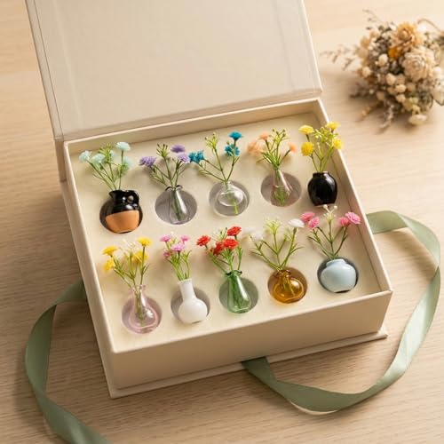 10-Pack Magnetic Mini Clear Glass Bud Vases for Fridge – Strong Magnets, Leak-Proof Propagation Vases – with 10 Faux Flowers (No Trimming) – Locker, Cubicle & Coworker Gift (Clear Glass)