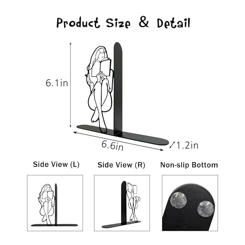 Reading Bookends Decorative for Shelves - Girl Reading Statue Bookends, Metal Black Book Ends Decor for Heavy Books, Novelty Bookish Decor for Home Library, Book Lovers Gift for Women & Students