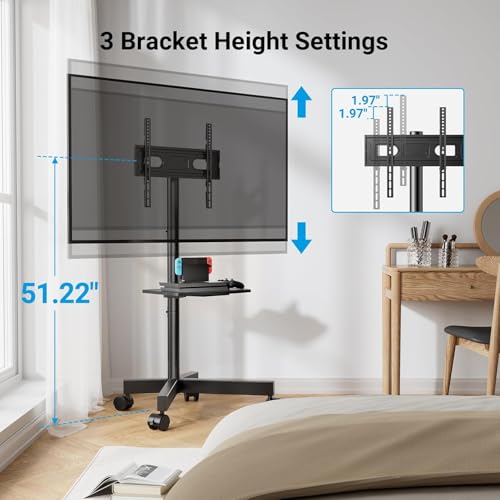 PERLESMITH Rolling TV Stand, Mobile TV Stand for 23-60 Inch LCD LED TVs, Tilt TV Stand Wheels Holds up to 88Lbs, Portable TV Stand for Bedroom with Shelf, Outdoor TV Stand Max VESA 400x400mm PSTVMC06 - size: 23-60 Inch