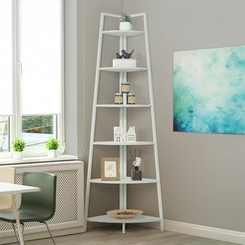 CAPHAUS Tall Corner Shelf Stand, 6-Tier Display Shelves, Ladder Corner Wood Storage Plant Bookshelf with Metal Frame, Versatile Shelving Unit Bookcase for Home Office Space, White - color: White, size: 6-Tier