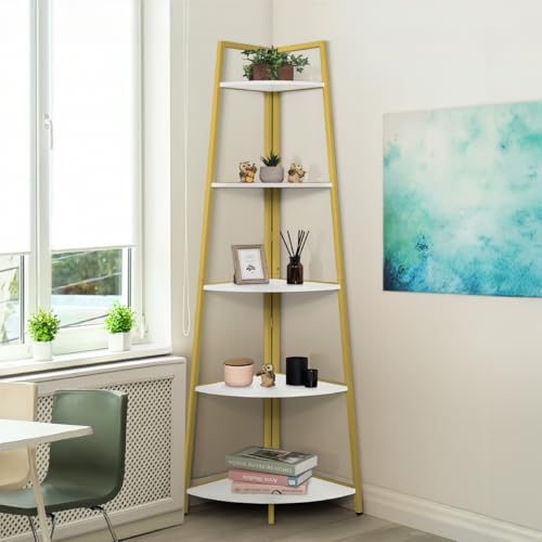 CAPHAUS Tall Corner Shelf Stand, 5-Tier Display Shelves, Ladder Corner Wood Storage Plant Bookshelf with Metal Frame, Versatile Shelving Unit Bookcase for Home Office Space, Gold - color: Gold, size: 5-Tier