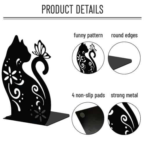 WADORN Cat Flowers Metal Bookends for Shelves Decorative 1 Pair, Animal Heavy Duty Books End Support Non-Skid Book Holder Black L-Shaped Book Stopper for Home Office Desk Book Divider, 4.7x3.5x7 Inch - color: Floral Cat