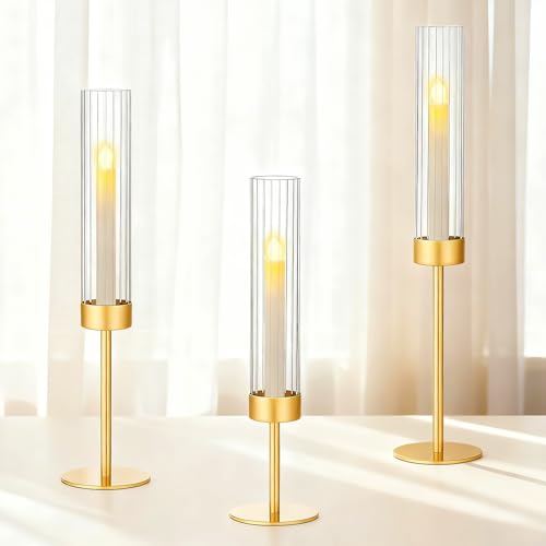 Ninonly Hurricane Candle Holders Set of 3, Tall Brass Candlestick Holders Metal Glass Candle Stands for Wedding Christmas Party Home Table Centerpiece Decorations