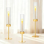 Ninonly Hurricane Candle Holders Set of 3, Tall Brass Candlestick Holders Metal Glass Candle Stands for Wedding Christmas Party Home Table Centerpiece Decorations