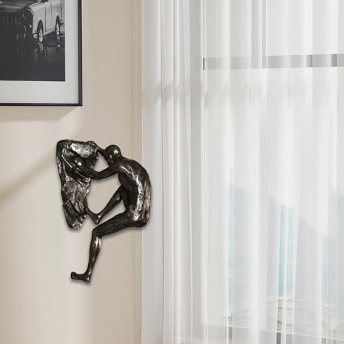 Climbing Man Wall Sculpture – Resin Decor Figure, Modern Art Accent, Black Home Ornament | Unique 3D Hanging Statue Piece, Artistic Abstract Wall Decoration Setup Living Room Bedroom Workplace Design - size: Trumpet Hands Climbing, style: Silver