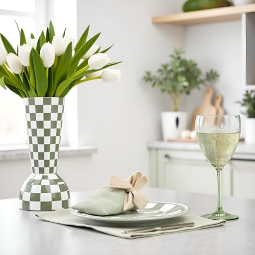 Sage Green Checkered Vase, Aesthetic Modern Ins Cool Flower Vases for Home Decor, Entryway Table, Centerpieces Decoration for Kitchen, Living/Dining Room, Bedroom, Bathroom, Coffee Tables (Ceramic) - color: Sage Green