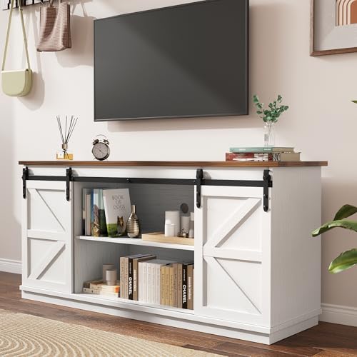 YESHOMY Farmhouse TV Stand for Televisions up to 65 Inches, Sliding Barn Doors and Storage Cabinets, Console Table and Media Furniture for Living Room, 58 Inch, White - color: White, style: Sliding Barn Doors TV Stand