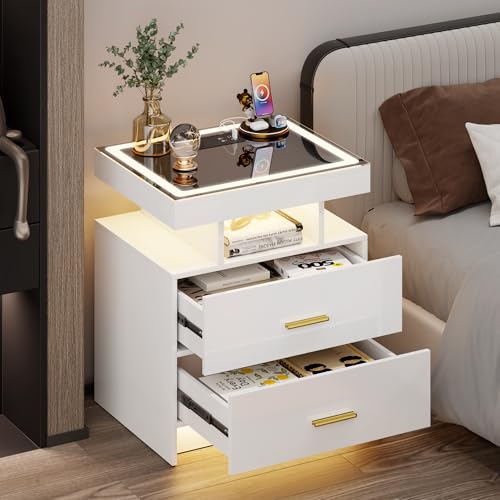 LED Nightstand with Wireless Charging Station - Modern Night Stand with Lights, Glass Top Bedside Table with Drawers for Bedroom, Glossy End Table with Human Body Induction (White) - color: White 2 Drawers-glass Top
