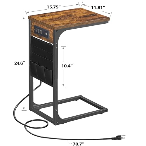 TUTOTAK C Shaped End Table with Charging Station, Side Table for Sofa, Couch Table with Storage Bag, TV Tray with 2 USB Ports and Outlets for Living Room, Bedroom, Brown TB01BB024 - color: Brown, size: 1 Pack (11.8"W), style: With Plug