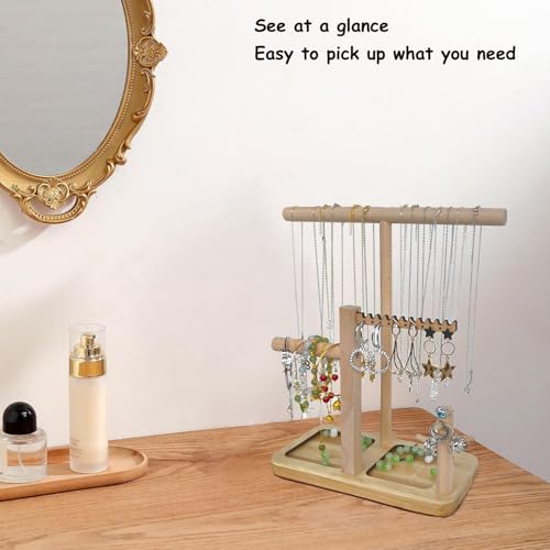 Solid Wood Jewelry Tower Organizer - 3-Tier Tree Holder Stand with 11 Earring Holes, 2 T-bar for bracelets Necklace or watches, Ring Tree & Display Tray (natural wood) - color: natural wood