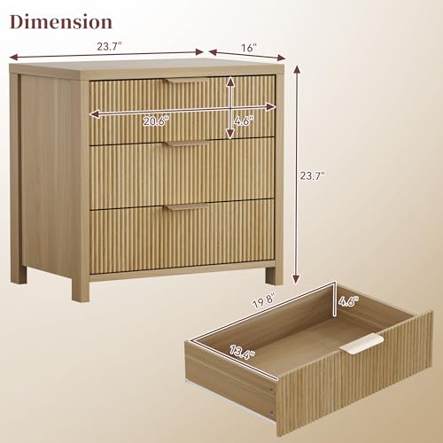 Fluted Nightstand, 23.7'' Wide Night Stand with 3 Drawers, Mid-Century Modern Bedside Table with Handles, Wood End Table for Bedroom, Oak - color: Oak