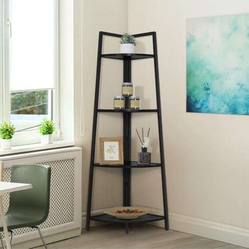 CAPHAUS Tall Corner Shelf Stand, 4-Tier Display Shelves, Ladder Corner Wood Storage Plant Bookshelf with Metal Frame, Versatile Shelving Unit Bookcase for Home Office Space, Black - color: Black, size: 4-Tier