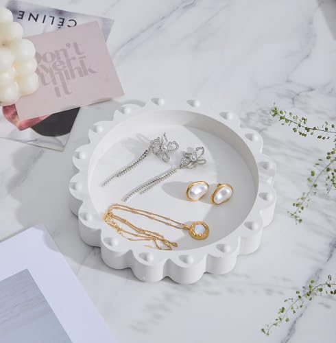 Aotea Crafts - Beaded Scalloped Jewelry Dish Tray Plate - Modern Aesthetic Ring Dish - Concrete Handcrafted Trinket Tray - Smooth Texture - Ivory White - 6.3 inch