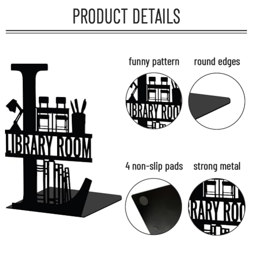 WADORN Library Room Metal Decorative Bookend for Shelves, Heavy Duty Book Ends for Heavy Books, Non-Skid Books Holder Stand for Desk, Book Support Stopper for Bookshelf Office Home, 5.3x4.3x7.9 Inch - color: Library Room