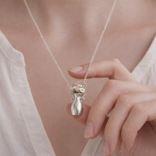 Flower Bouquet Necklace Flower Holder Necklace Pendant Creative Floral Vase Necklaces Kawaii Aesthetic Nature Spring Outfits Jewelry Gift Mothers Day Gifts - color: A3:Silver Flower Vase Necklace