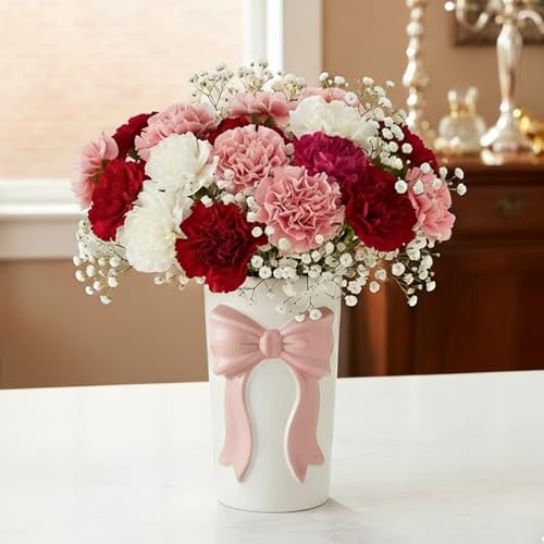 Pen Holder Bow Vase, White Flower Vase for Home Decor, White and Pink Ceramic Vases for Boho Style, Large Vases for Ideal Shelf Decor/Table/Living Room. (Pink 4, Large) - color: Pink 4