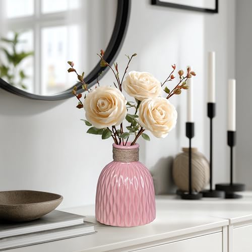 Pink Vase 6 Inch - Small Ceramic Vases for Flowers, Cute Modern Vases for Home Decor, Centerpieces, Bedroom, Desk, Bedroom, Living Room, Office, Bathroom Decor - color: Pink