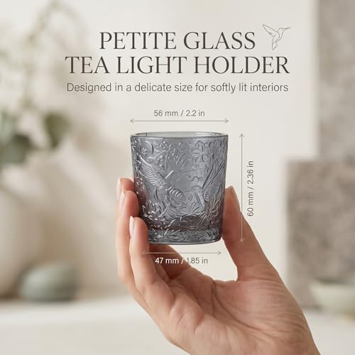 12 Pack Hummingbird Embossed Glass Candle Holders – Votive Tealight Holders with Patent Design, Decorative Embossed Glass Cups for Wedding Centerpieces, Parties, and Home Décor (Smoky Quartz) - color: Smoky Quartz
