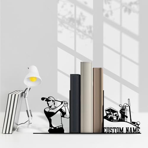 Sports Themed Metal Bookends, Book Ends for Shelves, Office Desk, Cookbook Stand, CD Holder, Magazine Holder for Office Organization, Housewarming Gifts New Home (Golf Design) - color: Golf Design