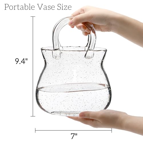 Glass Purse Vase for Flowers, Clear Bag Vase with Handle, Unique Handbag Shape Decorative Fish Bowl for Cute Room Table Shelf Decor, Wedding Centerpiece