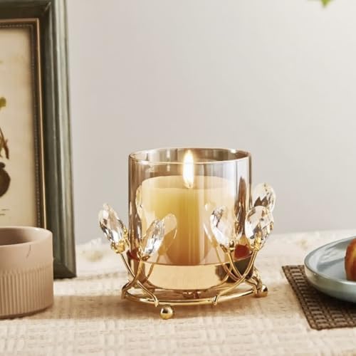 Gold Hurricane Candle Holder with Crystal Accents & Windproof Glass Lid - Elegant Gold Pillar Candle Holder for Wedding, Dinner & Party Table Decor - size: Medium