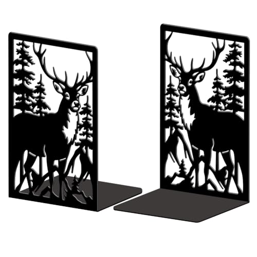 Peacoblue Metal Bookends for Shelves, Modern Decorative Heavy Duty Study Book Ends Stoppers for Office, Desk, Shelf, Room 5.3"x4.3"x7.9" Cast Iron Simple Tall Bookends 1 Pair (Deer and Forest) - style: Deer and Forest