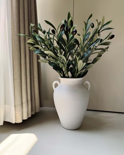 White Ceramic Pottery Barn Vase with Handles - 10" Large Decorative Terracotta Vase for Pampas Grass, Rustic Farmhouse Boho Vases for Home Decor, Living Room, Mantel, Table, Shelf - style: Sandstone White Pottery