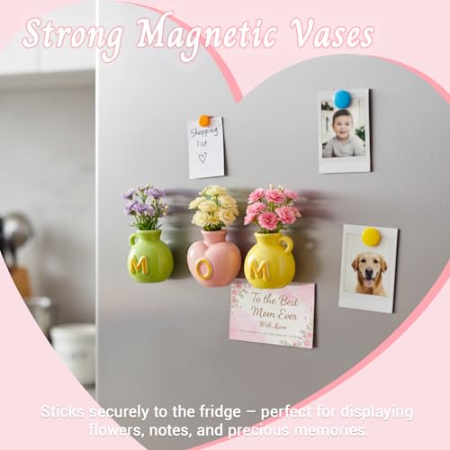 Gifts for Mom, Mini Ceramic Vase Refrigerator Magnets, 3D Cute Fridge Magnets with Artificial Flowers, Message Card and Gift Box, Kitchen& Home Decor, Unique Birthday Gifts for Mom & Women