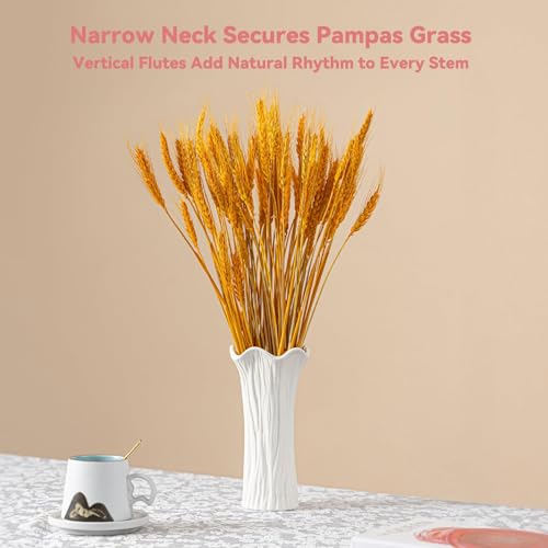 White Ceramic Vase with Ruffled Rim & Vertical Fluted Texture - 8.5" Unique Flower Vase for Pampas Grass & Centerpieces, Decorative Boho/Farmhouse Vase for Living Room, Office & Gift for Her/Yourself - color: Ruffled & Fluted