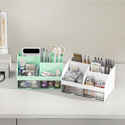 COMFYROOM Desk Organizer with 6 Compartments and 2 Drawers, Plastic Makeup Organizer, Pen Holder for Desktop Storage, Desk Organization for School, Home, Office Supplies (Mint Green) - color: Mint Green