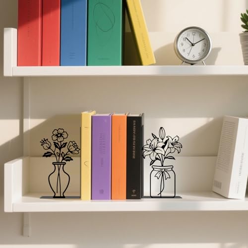 Metal Flower Book Ends Flower Vase Bookends Decorative Book Ends for Shelves Bookshelf Home Office Desk Bookshelf Decor Gift for Reading Enthusiasts - style: Flower Decorative Bookends