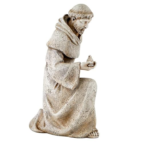 Avalon Gallery Garden Statue - Saint Francis of Assisi Stone-Resin Indoor/Outdoor Catholic Sculpture, 14.5" Tall, Kneeling with Bird - color: Kneeling With Bird