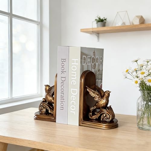 Set of 2 Vintage Bird Bookends, Decorative Bookends for Shelves, Book Ends for Heavy Books (Gold Bird) - color: Gold Bird