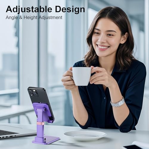 Phone Holder for Desk Cell Phone Holder Height Angle Adjustable Stands, Anti-Slip Base, Compact Design for iPhone Android Devices,Black,2Pack - color: 06-Black&Purple
